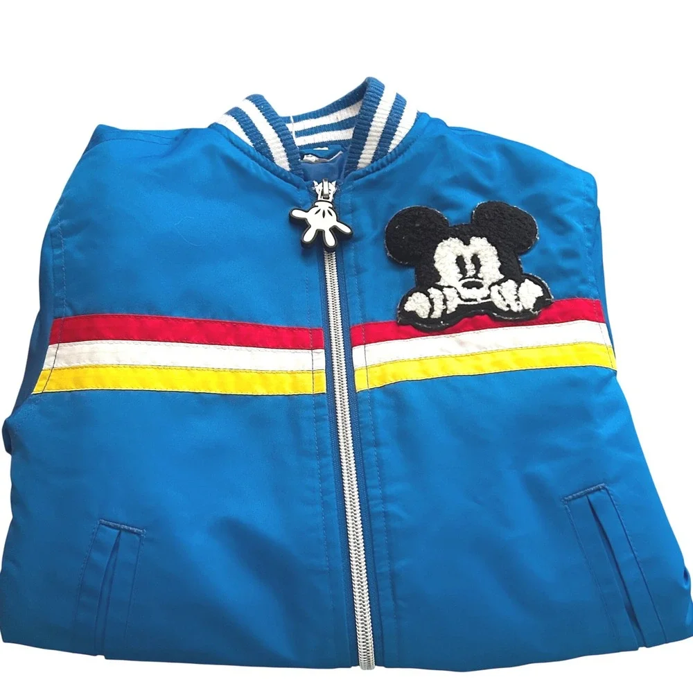 Retro Blue Mickey Mouse Bomber Jacket Racing‎ Stripes Patch Zip Up Kids Size 4T